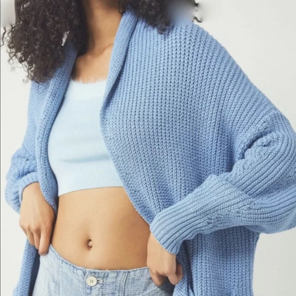 Free People Skylark Cardi Maxi Ribbed Open Front Knit Blue - Picture 5 of 5